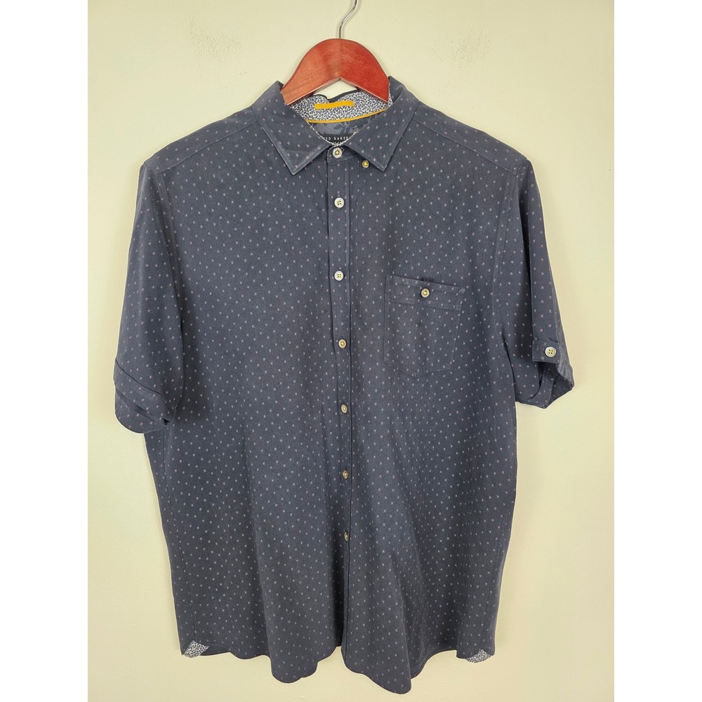 Ted Baker London Men Navy Blue Micro Dot Short Sleeve Button Up‎ Shirt Medium